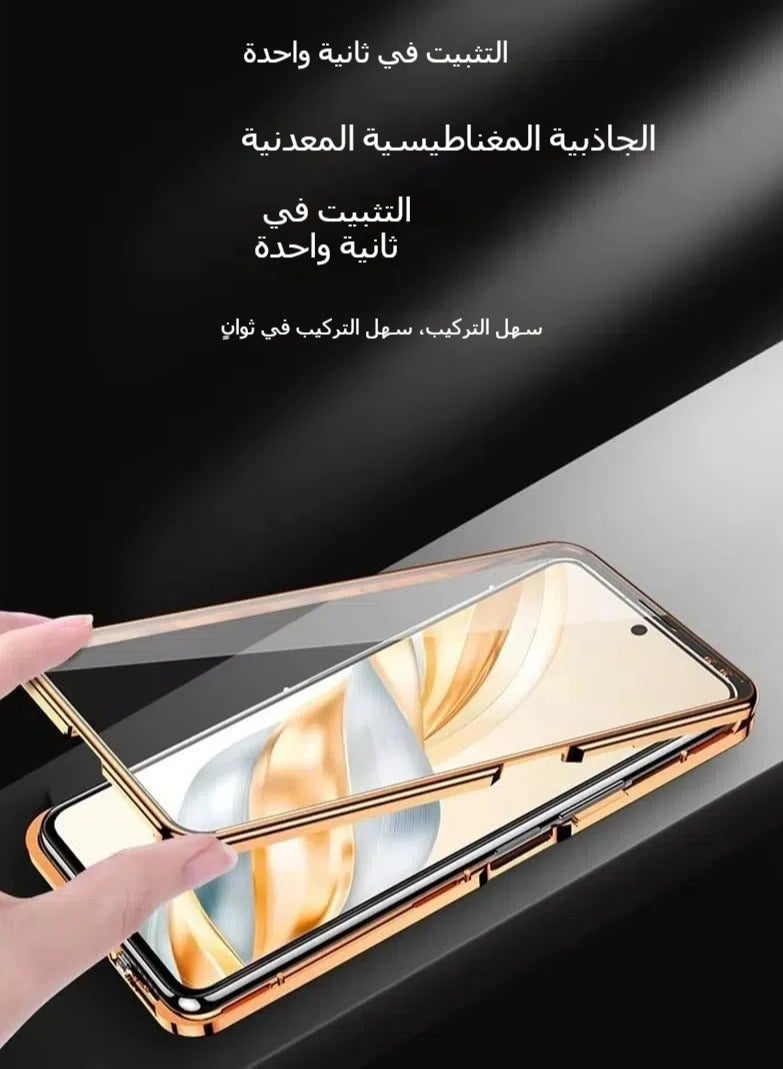 Honor X9c 5G protective case, leather rear cover + transparent front glass shell Metal buffer magnetic adsorption protective case Camera protection Double-sided protection - Image 3
