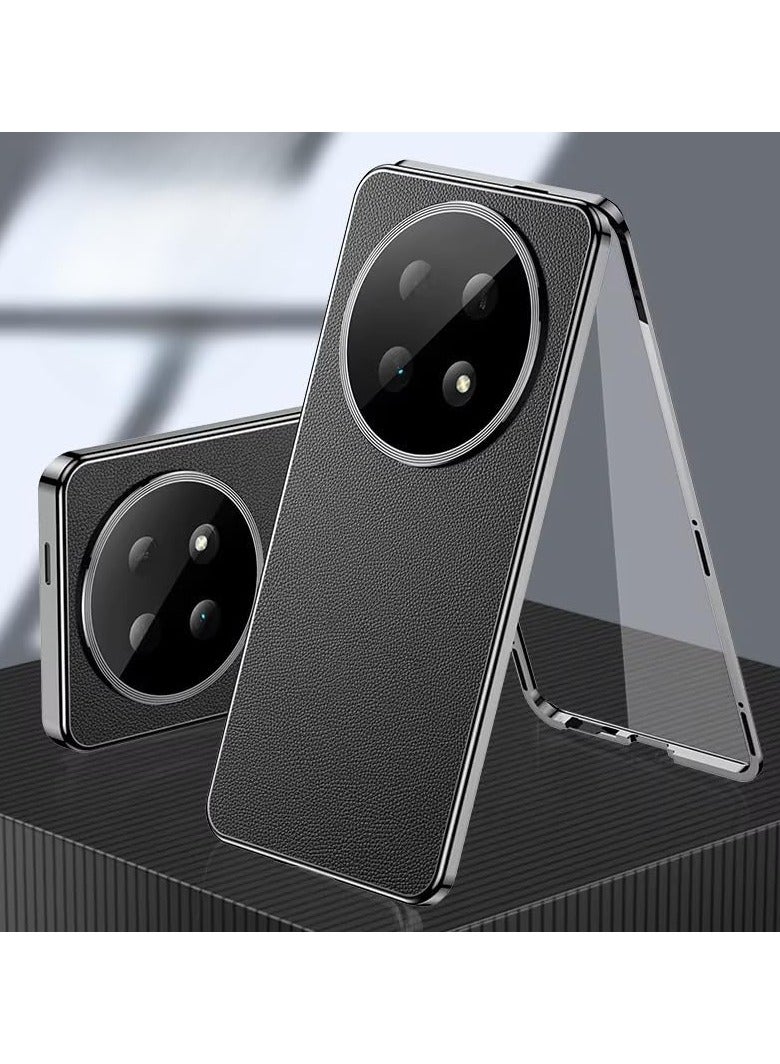 Honor X9c 5G protective case, leather rear cover + transparent front glass shell Metal buffer magnetic adsorption protective case Camera protection Double-sided protection - Image 1