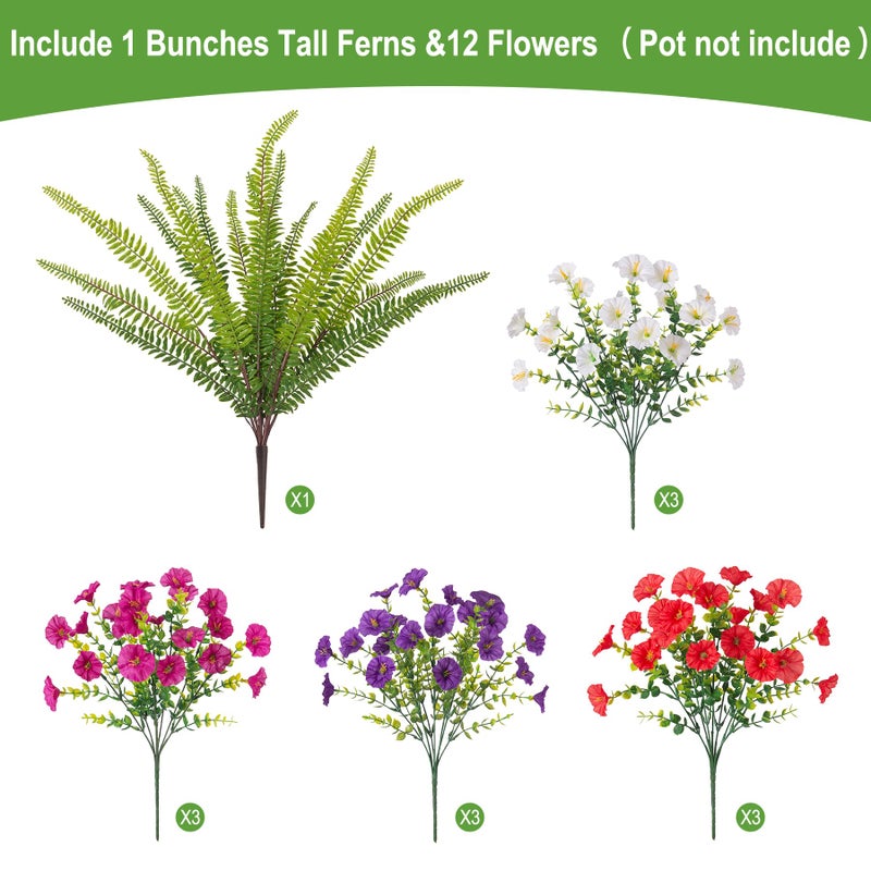 Hrobek Artificial Flowers for Outdoors Faux Plants Outside Indoor,UV Resistant Silk Fake Morning Glory Tall Ferns for Home Patio Garden Back Yard Front Porch Decor (13 Bunches,5 Multi Colors) - Image 2