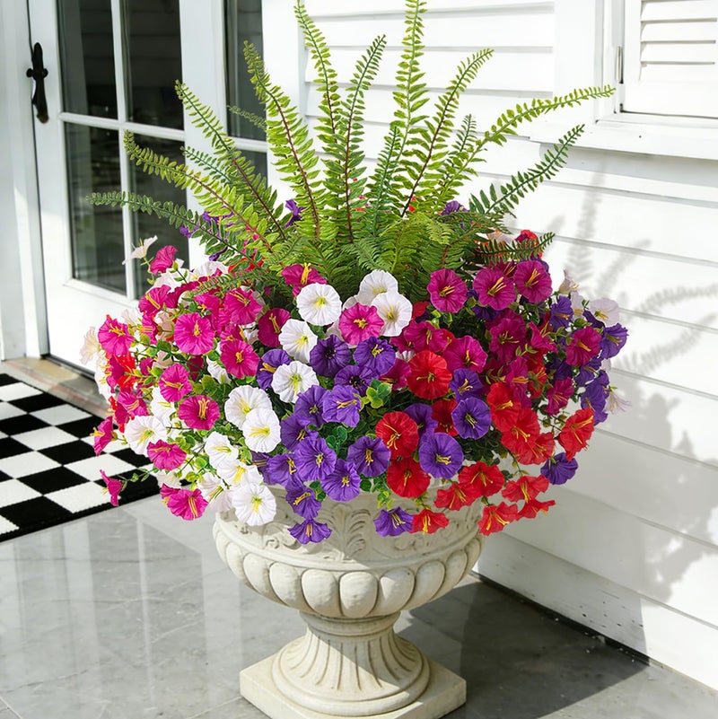 Hrobek Artificial Flowers for Outdoors Faux Plants Outside Indoor,UV Resistant Silk Fake Morning Glory Tall Ferns for Home Patio Garden Back Yard Front Porch Decor (13 Bunches,5 Multi Colors) - Image 1