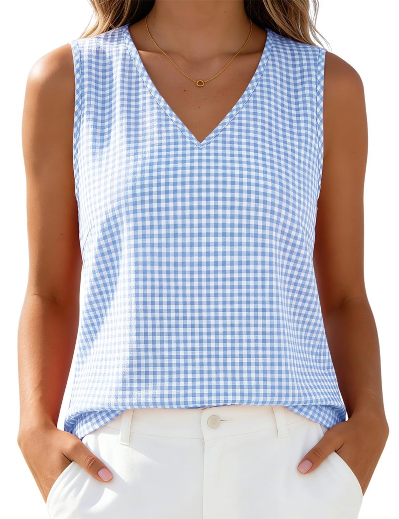 LOMON Plaid Shirts Linen Cotton Tank Tops for Women 2026 Gingham Top Spring Summer Beach Vacation V Neck Cute Tops Beach Clothes (Blue Plaid, M) - Image 1