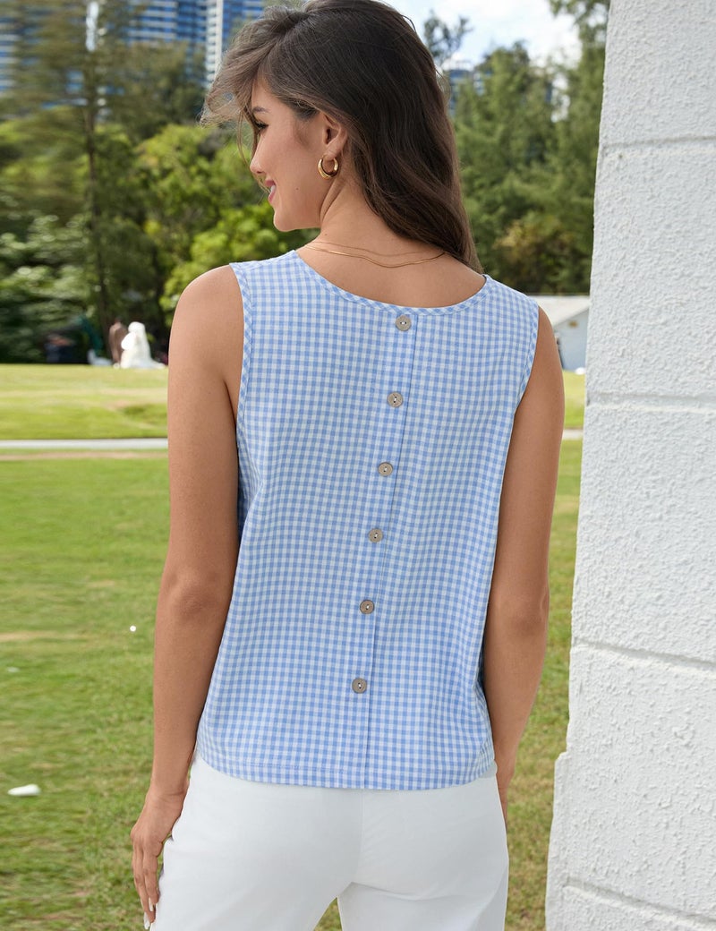 LOMON Plaid Shirts Linen Cotton Tank Tops for Women 2026 Gingham Top Spring Summer Beach Vacation V Neck Cute Tops Beach Clothes (Blue Plaid, M) - Image 2