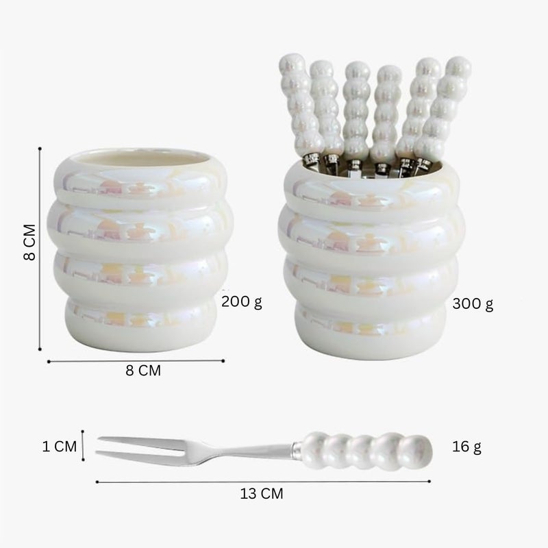 NYRWANA Flatware Set Pearl Fruit Fork Set with Ceramic Storage Jar Classic Stainless Steel Forks for Home Kitchen Set of 6 StainlessSteel Forks - Image 3