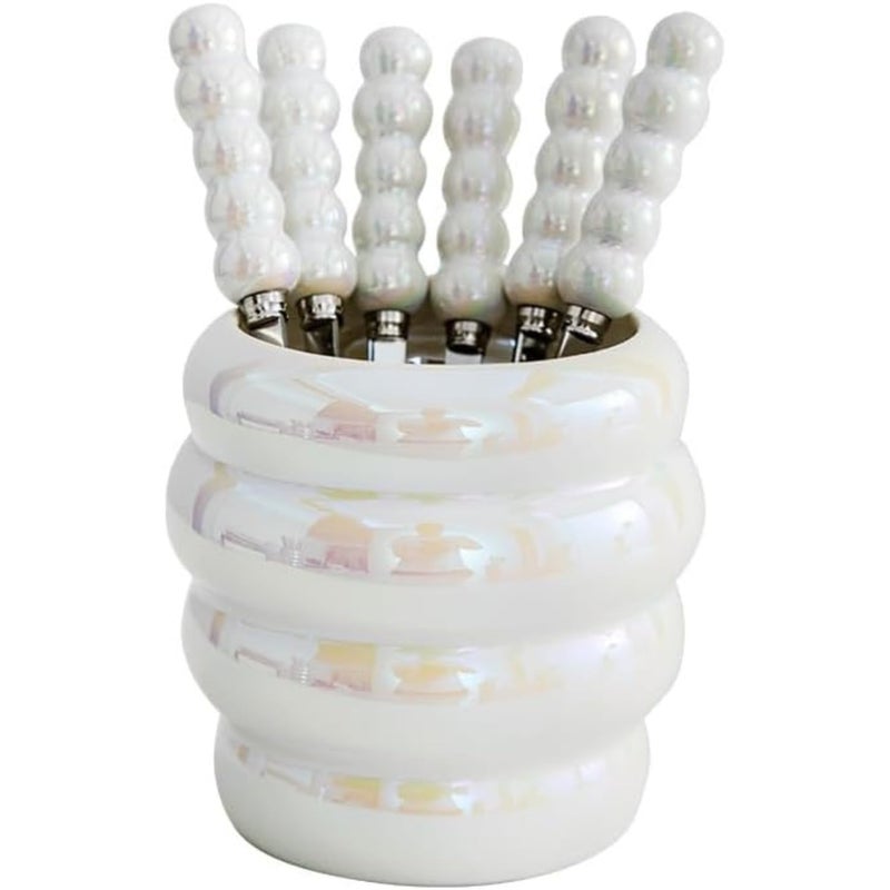 NYRWANA Flatware Set Pearl Fruit Fork Set with Ceramic Storage Jar Classic Stainless Steel Forks for Home Kitchen Set of 6 StainlessSteel Forks - Image 1