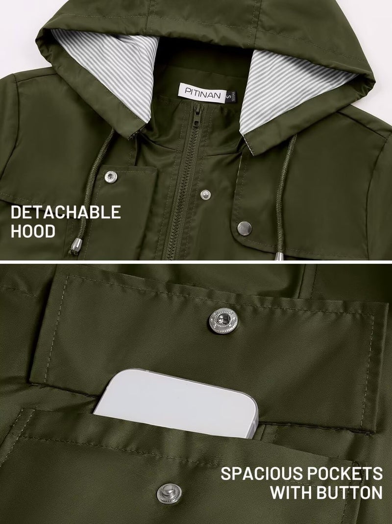 PITINAN Womens Rain Jacket with Hood Rain Coats for Women Waterproof Light weight Rain Coat Women's Rain Jacket Army Green XXL - Image 4