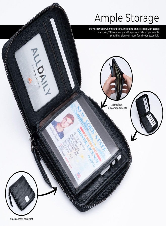Alldaily محفظة Alldaily للرجال مزودة بسحاب ثنائي الطي لحفظ بطاقات RFID بتقنية حجب الترددات اللاسلكية (أسود) - Image 2