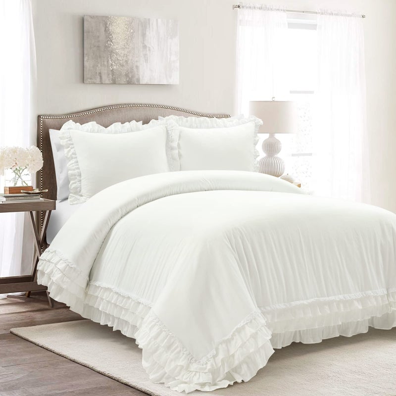 Lush Decor Ella Ruffle Lace 100 Cotton Duvet Cover 3 Piece Set King White  Cute Duvet  King Bedding Set  Gray Bedding  Coquette Decor  Ruffle Trim  White Lace Trim