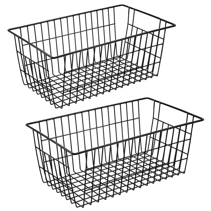 WIRE FREEZER STROAGE BASKETS 134 INCH SET OF 2 FARMHOUSE STORAGE BINS BASKET FREEZER STORAGE ORGANIZER BINS WITH HANDLES FOR KITCHEN CABINETS PANTRY CLOSETS BEDROOMS BATHROOMS BLACK