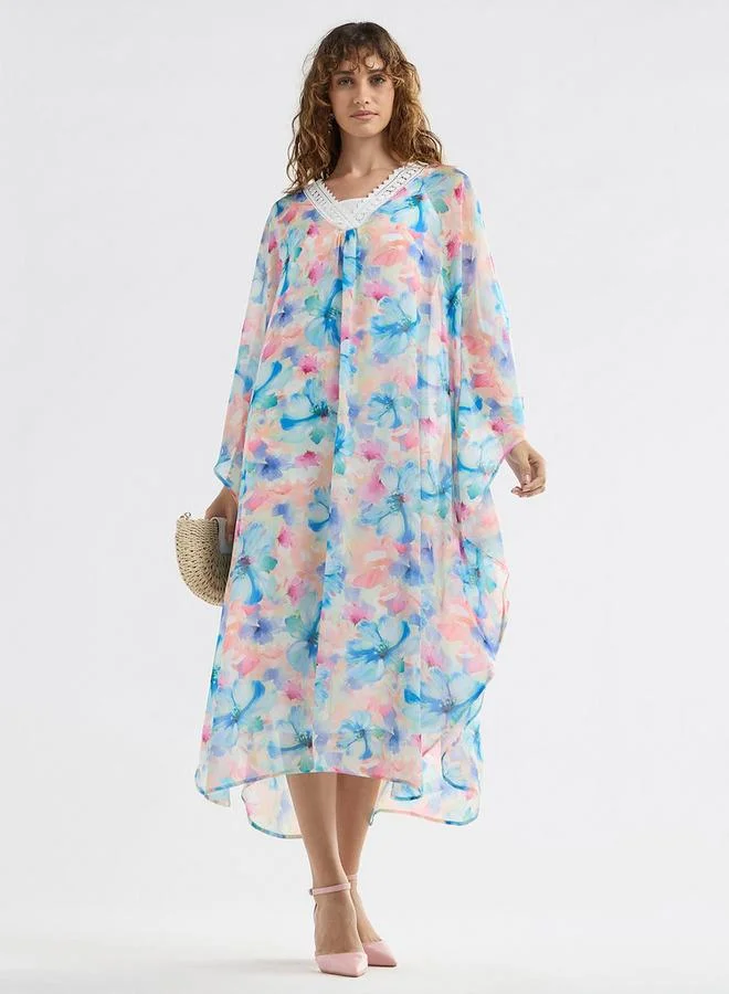 سبلاش فيڤ فستان ميدي قفطان بأكمام طويلة وتفاصيل دانتيل وطبعات زهور