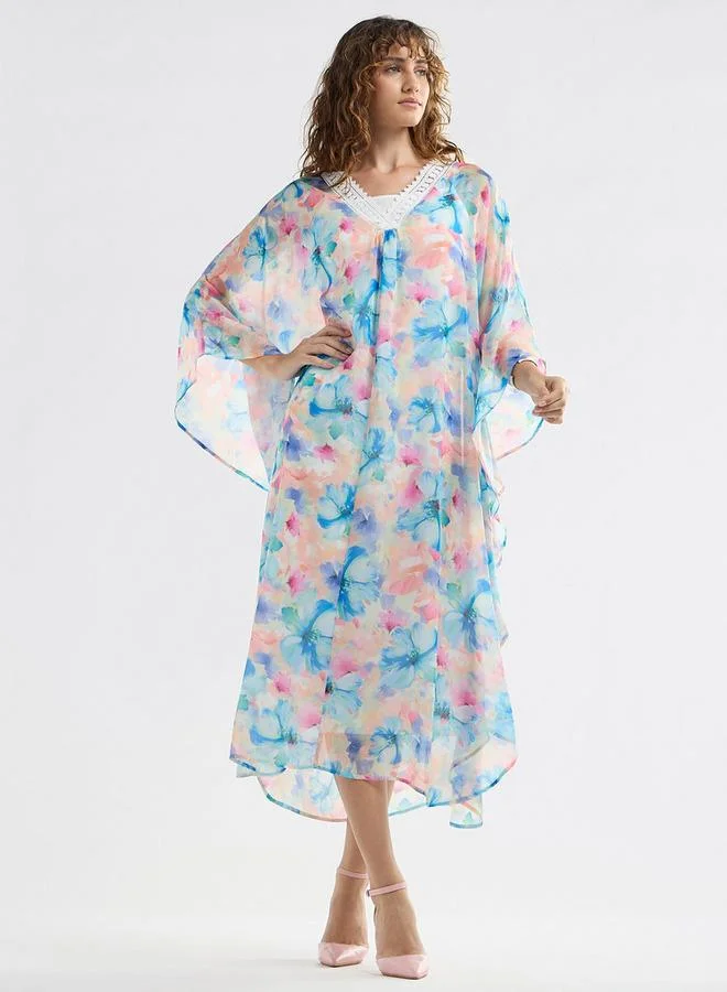 سبلاش فيڤ فستان ميدي قفطان بأكمام طويلة وتفاصيل دانتيل وطبعات زهور