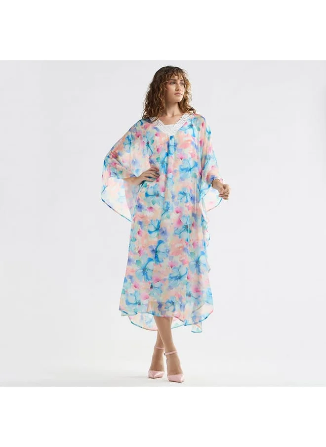 FAV Floral Midi Kaftan Dress with Long Sleeves and Lace Detail