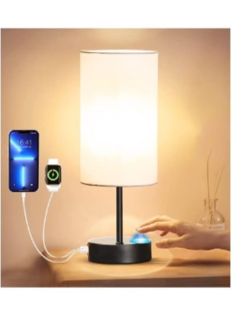 مصباح طاولة يعمل باللمس مع منفذ شحن USB - مصباح بجانب السرير قابل للتعتيم بثلاث مستويات لغرفة النوم، مصباح مكتب LED للمنزل والمكتب، قاعدة سوداء وغطاء أبيض (يتضمن لمبة LED) - Image 1