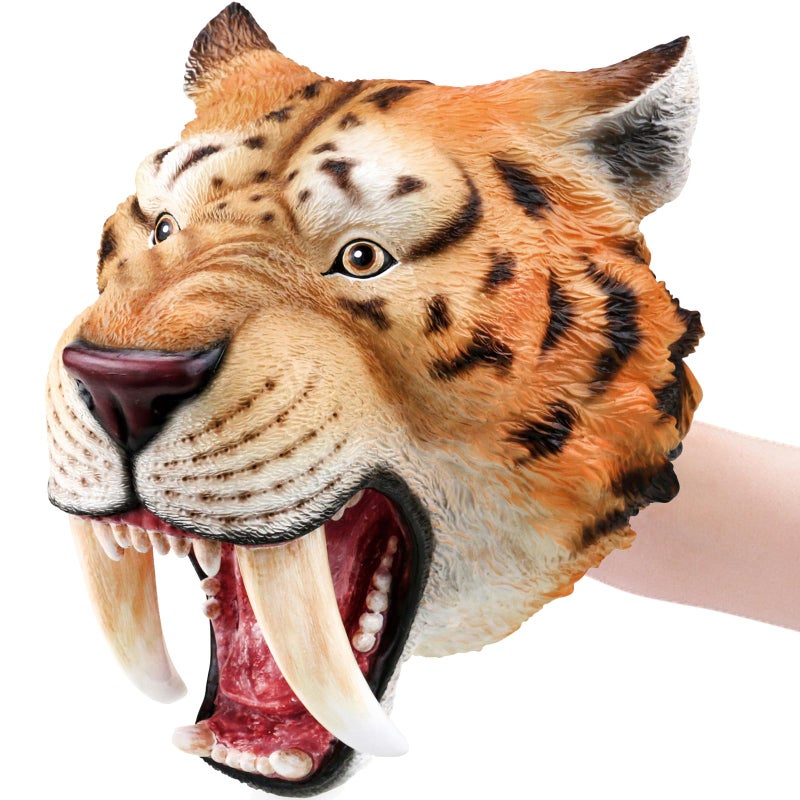 Gemini&Genius GeminiGenius SaberToothed Tiger Hand Puppet SaberToothed Wild Animal Puppets Toys Soft Rubber Realistic Action Figure Toys Role Play Storytelling and Play Games for KidsYellow - Image 3