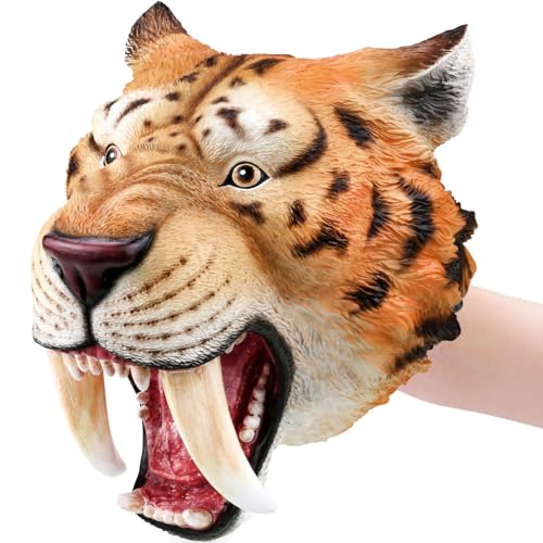 Gemini&Genius GeminiGenius SaberToothed Tiger Hand Puppet SaberToothed Wild Animal Puppets Toys Soft Rubber Realistic Action Figure Toys Role Play Storytelling and Play Games for KidsYellow - Image 1