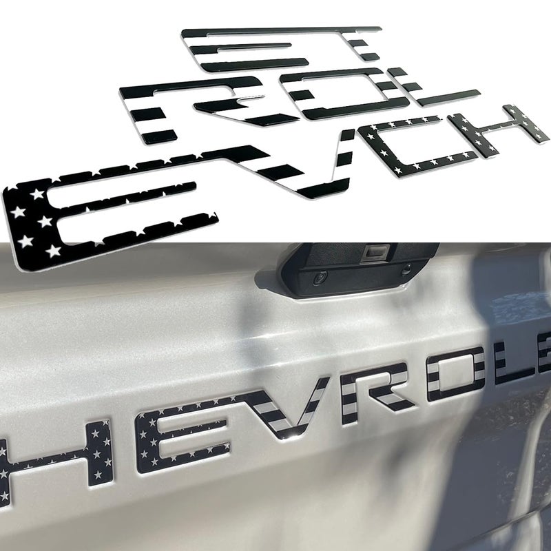 Texflic Tailgate Insert Letters Compatible with ChevySilverado 2019 2020 2021 2022 2023 2024 2025 Accessories 3D Rear Emblems Badge with Strong Adhesive Black American Flag - Image 1