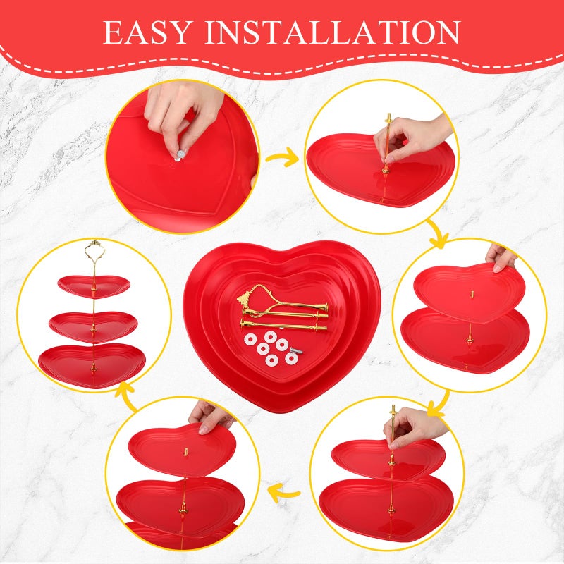 Layhit 4 Pack Valentineâ€˜s Day 3 Tier Cupcake Stand Heart Shaped Serving Trays for Party Plastic Dessert Cupcake Stand for Tea Party Baby Shower Wedding(Red) - Image 4