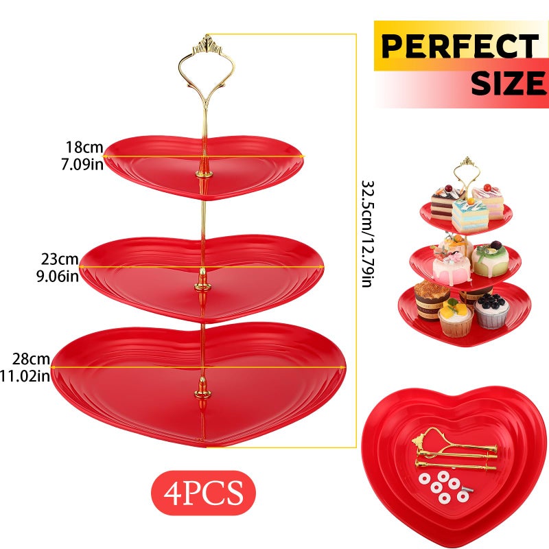 Layhit 4 Pack Valentineâ€˜s Day 3 Tier Cupcake Stand Heart Shaped Serving Trays for Party Plastic Dessert Cupcake Stand for Tea Party Baby Shower Wedding(Red) - Image 2