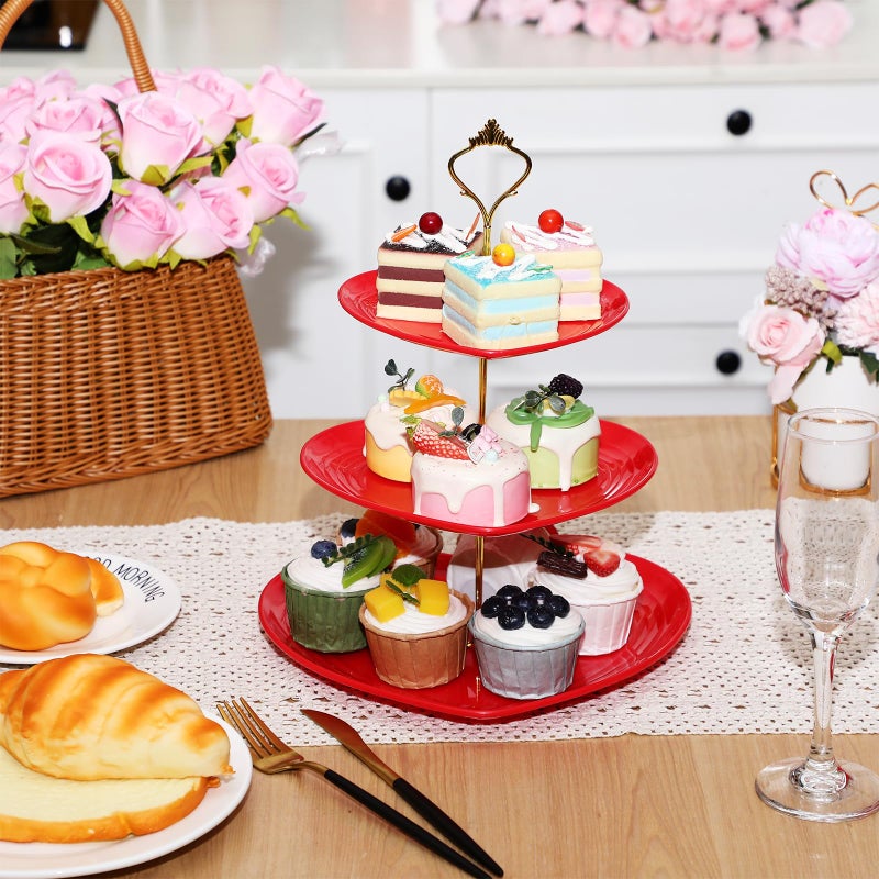 Layhit 4 Pack Valentineâ€˜s Day 3 Tier Cupcake Stand Heart Shaped Serving Trays for Party Plastic Dessert Cupcake Stand for Tea Party Baby Shower Wedding(Red) - Image 3