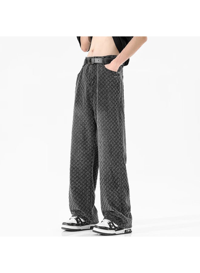 Dingfengbaoluo Jacquard Design Men's Spring And Summer American High Street Washed Casual Wide Leg Jeans K58 Black M - Image 5