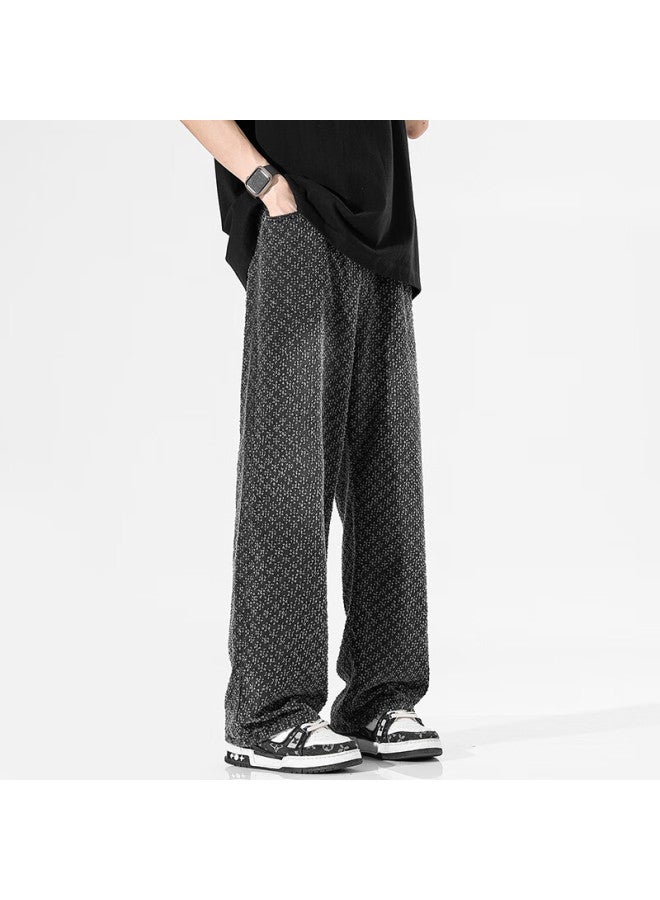 Dingfengbaoluo Jacquard Design Men's Spring And Summer American High Street Washed Casual Wide Leg Jeans K58 Black M - Image 4