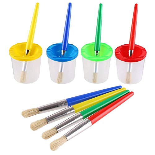 VEYLIN 4 Pcs Spill Proof Paint Cups and 4 Color Hog Bristle Paint Brushes with Handles for Kids - Image 1