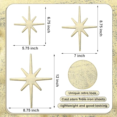 Blulu 3 Pcs Cast Iron Starburst Eclectic Wall Hangings Metal Mid Century Modern Home 8 Pointed Stars Easy Install Starburst Wall Decor Vintage and Eclectic Elegant Decor Indoor Outdoor PiecesGold - Image 3