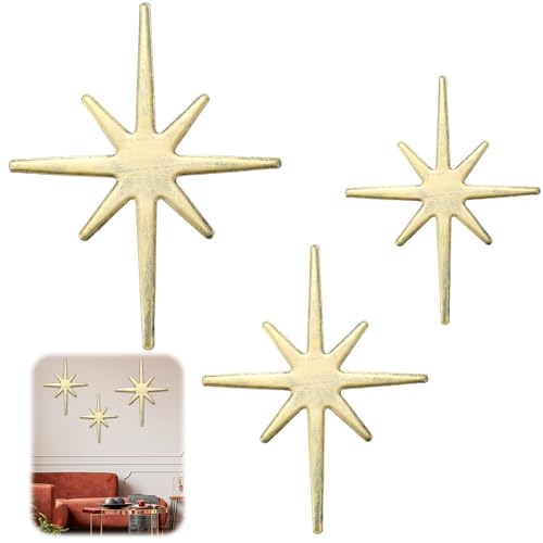 Blulu 3 Pcs Cast Iron Starburst Eclectic Wall Hangings Metal Mid Century Modern Home 8 Pointed Stars Easy Install Starburst Wall Decor Vintage and Eclectic Elegant Decor Indoor Outdoor PiecesGold - Image 1