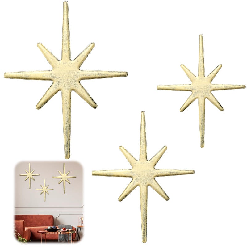 Blulu 3 Pcs Cast Iron Starburst Eclectic Wall Hangings Metal Mid Century Modern Home 8 Pointed Stars Easy Install Starburst Wall Decor Vintage and Eclectic Elegant Decor Indoor Outdoor PiecesGold - Image 2