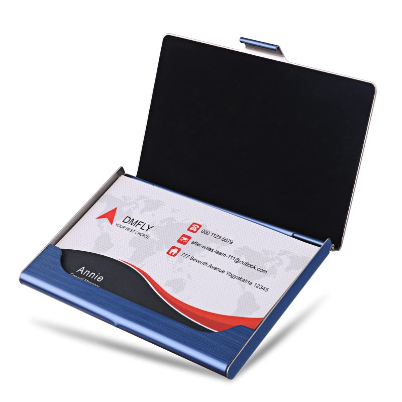DMFLY Business Card Holder, Slim Business Card Case for Men & Women, Pocket Metal Card Case, Professional Stainless Steel Business Card Holders, Purse Name Card Holder, Buckle Style Shut, Blue - Image 3