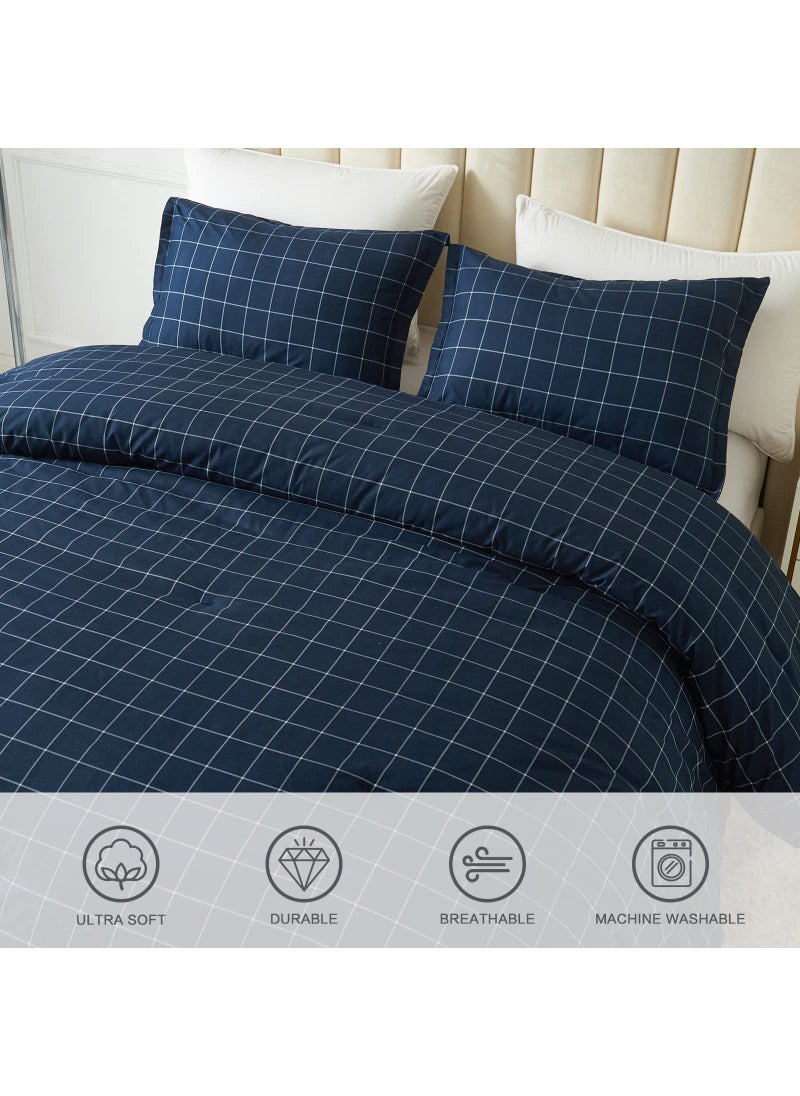 Andency Andency Navy Grid Comforter Set Twin Size (66x90 Inch)  2 Pieces(1 Grid Comforter and 1 Pillowcase)  Summer Lightweight Microfiber Down Alternative Navy Comforter with White Lines for Kids Girls  - Image 3