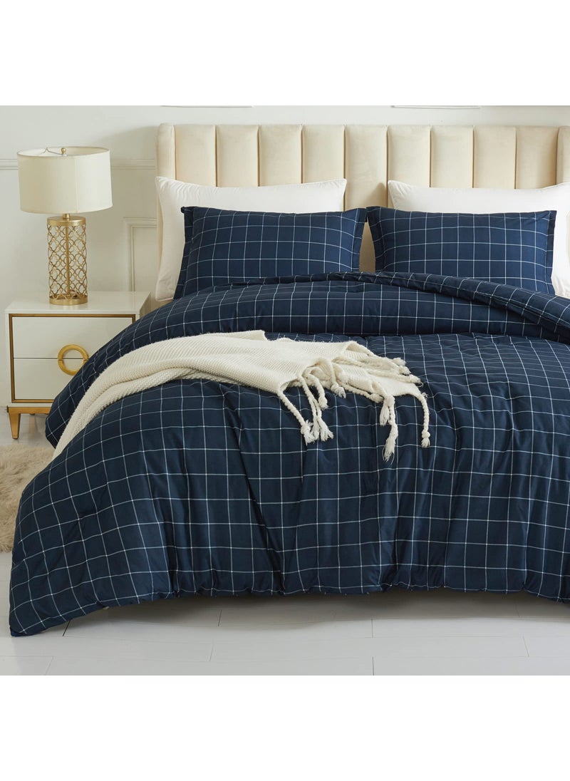 Andency Andency Navy Grid Comforter Set Twin Size (66x90 Inch)  2 Pieces(1 Grid Comforter and 1 Pillowcase)  Summer Lightweight Microfiber Down Alternative Navy Comforter with White Lines for Kids Girls  - Image 1