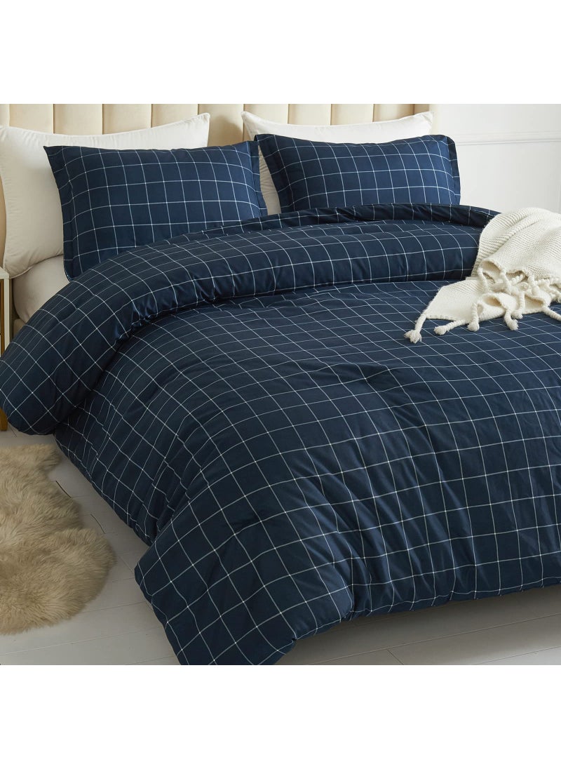 Andency Andency Navy Grid Comforter Set Twin Size (66x90 Inch)  2 Pieces(1 Grid Comforter and 1 Pillowcase)  Summer Lightweight Microfiber Down Alternative Navy Comforter with White Lines for Kids Girls  - Image 2