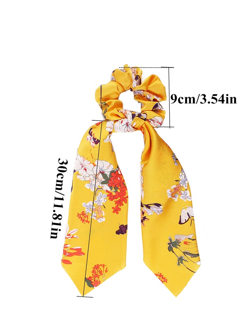 Chiffon Floral Scrunchie Hair Bands Satin Bowknot Long Tails Hair Ties for Women Girls, Yellow - Image 4