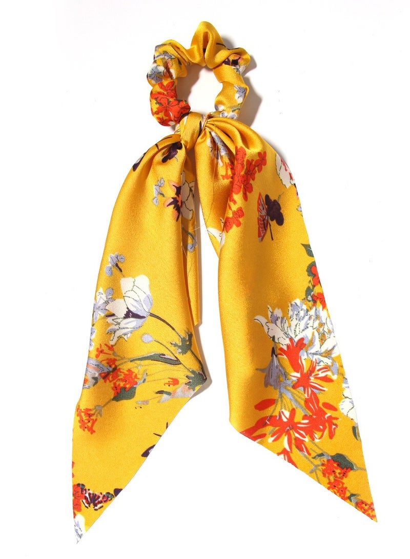 Chiffon Floral Scrunchie Hair Bands Satin Bowknot Long Tails Hair Ties for Women Girls, Yellow - Image 1
