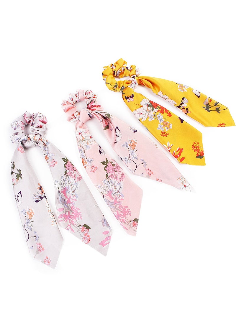 Chiffon Floral Scrunchie Hair Bands Satin Bowknot Long Tails Hair Ties for Women Girls, Yellow - Image 2