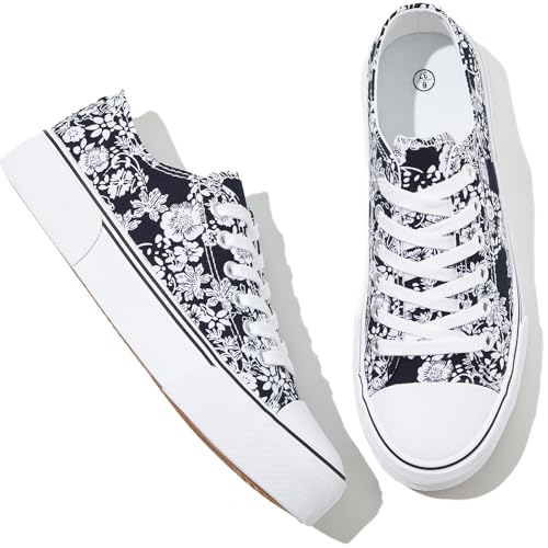 Adokoo Canvas Tennis Shoes for Women Low Top Casual White Navy Flower Sneakers for Women Lace Up Fashion Comfortable Walking Shoes Navy Flower75 - Image 1