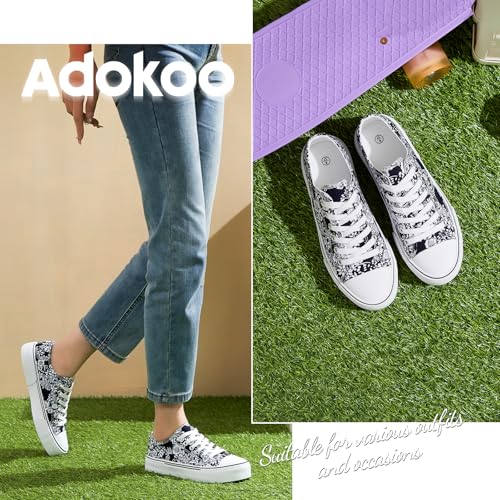 Adokoo Canvas Tennis Shoes for Women Low Top Casual White Navy Flower Sneakers for Women Lace Up Fashion Comfortable Walking Shoes Navy Flower75 - Image 3