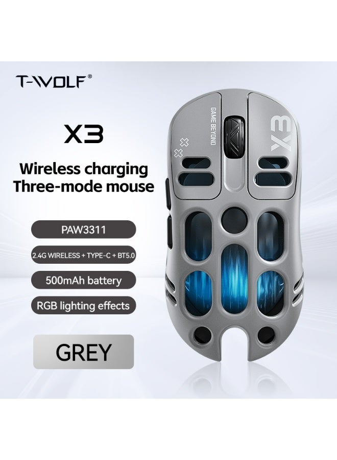 T-WOLF X3 Wireless Gaming Mouse, 70g Lightweight Hollow-out Design - 12,000 DPI PAW 3311 Sensor, 6 Programmable Buttons, Supports Wired/2.4GHz/Bluetooth Connection, Suitable for PC/Mac/Gamers (Gray) - Image 1