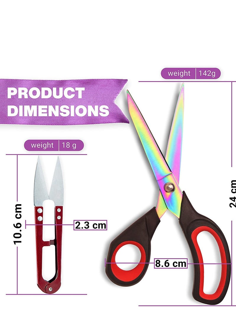 Fabric Scissors Red/Black, 9.5 Inch – Heavy-Duty Titanium Coated Stainless Steel Dressmaking Scissors with Soft Grip - Extra Sharp Sewing Scissors for Fabric Cutting – Including Thread Cutter