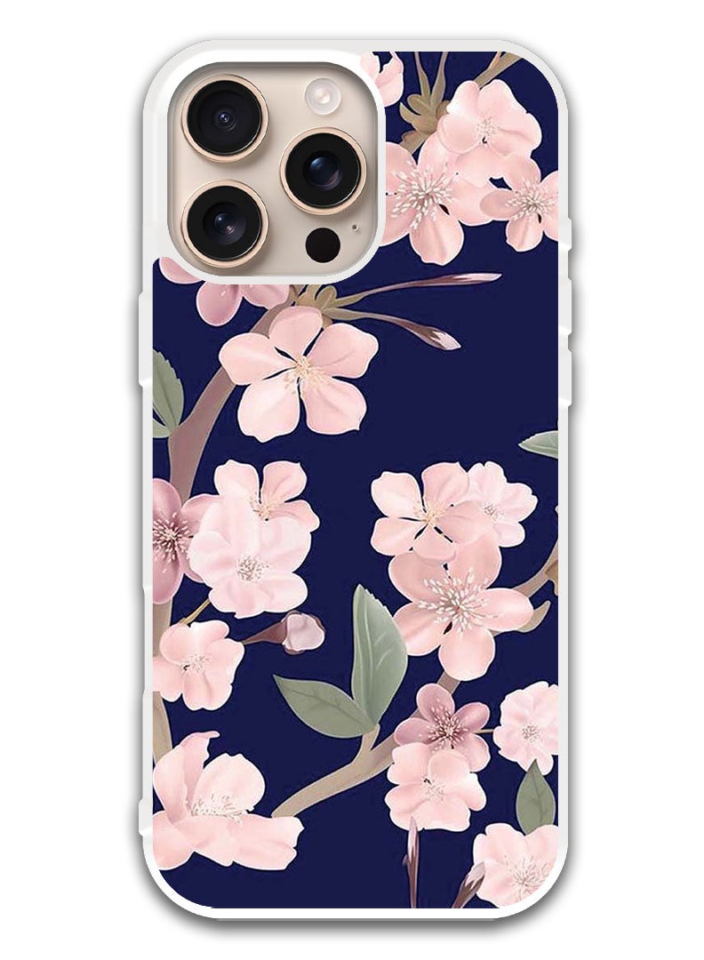 Theodor Protective Case Cover For APPLE IPHONE 16 Pro Pink Flowers In Blue Background (White Bumper) - Image 1