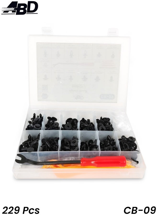 أيه بي دي طقم أدوات تثبيت السيارات ABD CB-09، مكون من 229 قطعة - مثبتات لوحة الزخرفة، مثبتات دفع، مسامير برشام مخفية لغطاء الطين، مزيل مثبتات وأدوات رفع لإصلاحات السيارات، المصد، رفرف السيارة، زخارف الأبواب، أغطية المحرك، ملاءمة عالمية، صندوق تخزين متين ومنظم - Image 1