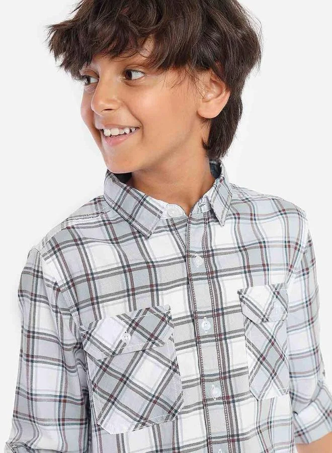 بونكيدز Regular Long Sleeve Printed Grey White Cotton Shirt 100 % Cotton