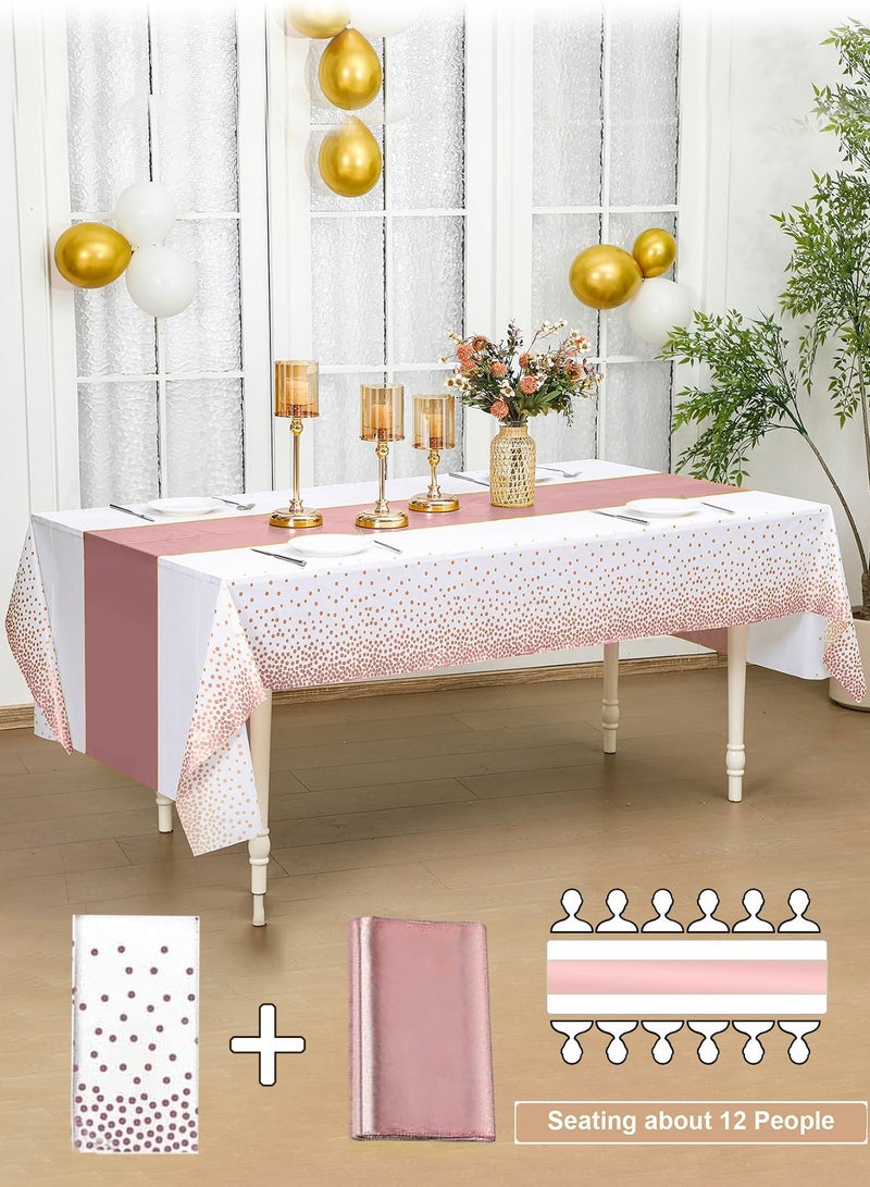 White and Rose Gold Tablecloths with Satin Table Runner,54 x 108 in Durable & Stylish Tablecloths, Easy to Clean, Fits Round/Rectangular Tables – Perfect for Weddings, Baby Showers, Graduation & Family Events  - Image 1