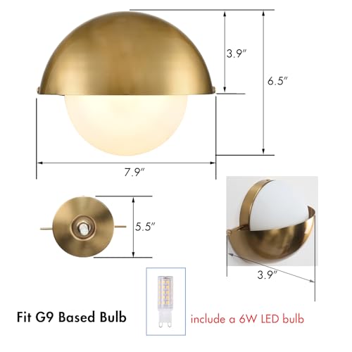 YUBOLE Mid Century Wall Sconce Modern Gold Bathroom Vanity Light Over Mirror with Adjustable Metal Shade and Milky Glass Globe G9 Based Indoor Wall Lamp Wall Mounted Sconce - Image 4