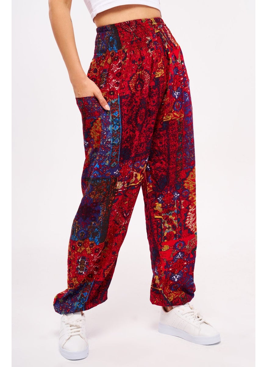 Giysa Red Ethnic Patterned Women's Shalwar Yoga Pants 100% Viscose Double Pocket - 2460  - Image 2