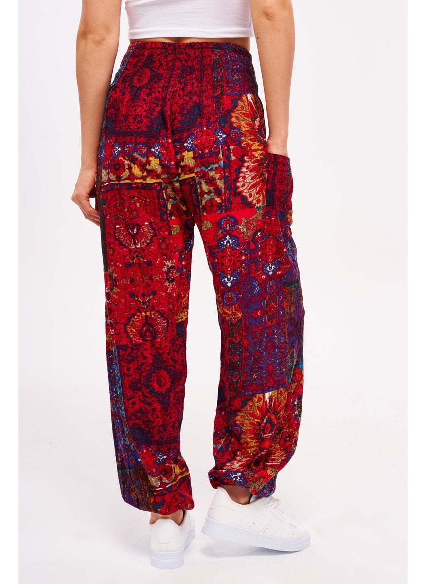 Giysa Red Ethnic Patterned Women's Shalwar Yoga Pants 100% Viscose Double Pocket - 2460  - Image 4