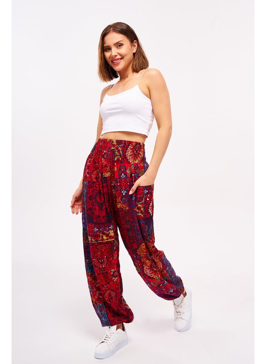 Giysa Red Ethnic Patterned Women's Shalwar Yoga Pants 100% Viscose Double Pocket - 2460  - Image 1