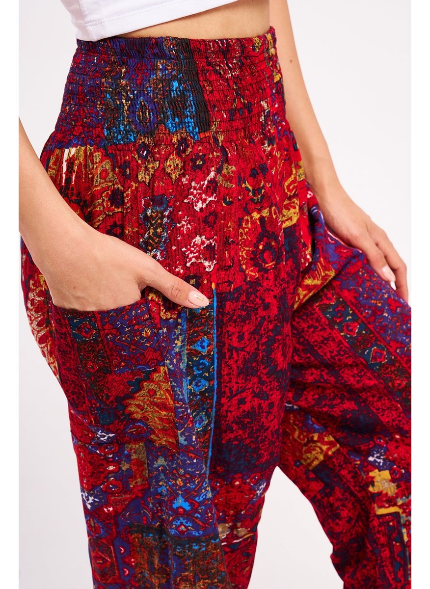 Giysa Red Ethnic Patterned Women's Shalwar Yoga Pants 100% Viscose Double Pocket - 2460  - Image 5