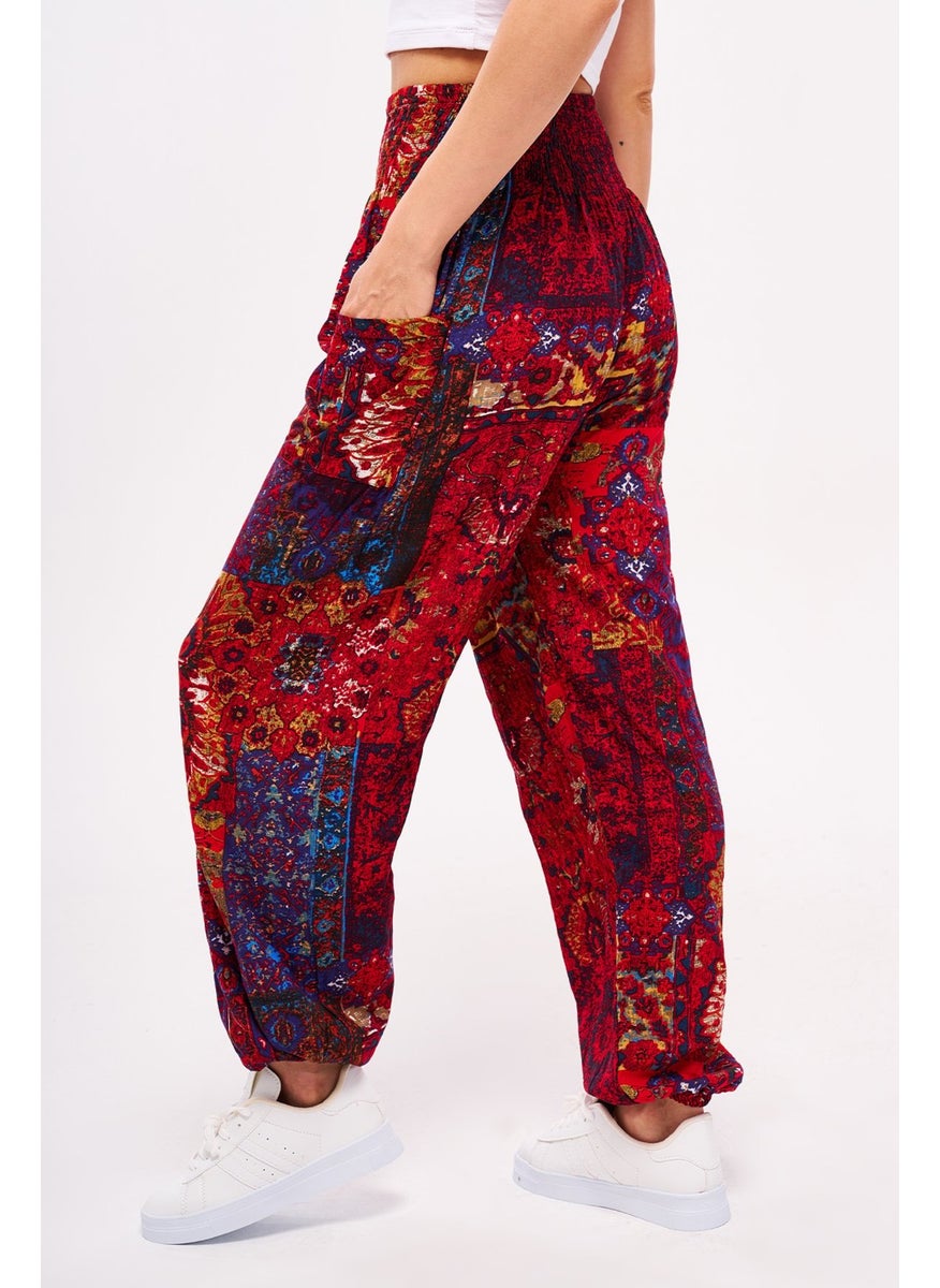 Giysa Red Ethnic Patterned Women's Shalwar Yoga Pants 100% Viscose Double Pocket - 2460  - Image 3