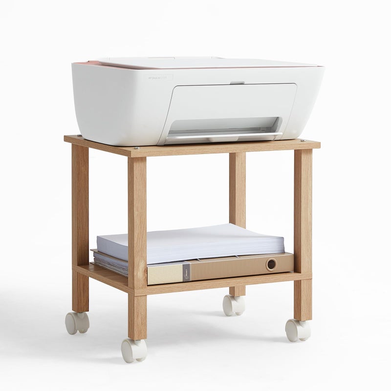 YUFAM 2 Tier Printer Stand with Storage,Under Desk Shelf Printer Table,Small Printer Stand with Wheels,Rolling Printer Cart for Office,Home,Wood Color - Image 1